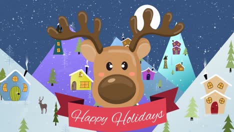 Animation-of-happy-holidays-text-with-reindeer-over-snow-falling-and-winter-landscape-at-christmas