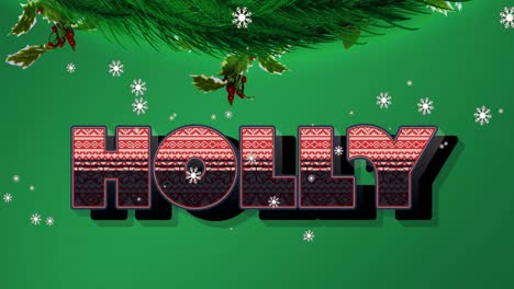 Animation-of-holly-text-over-snow-falling-and-fir-tree-on-green-background-at-christmas