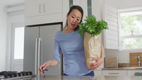 Asian-woman-coming-back-home-with-groceries-and-having-call-on-smartphone
