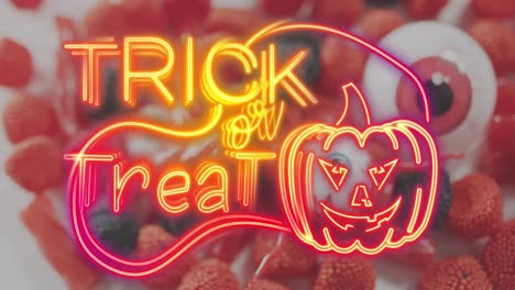 Neon-trick-or-treat-text-banner-with-pumpkin-icon-against-scary-eye-toy-and-halloween-candies