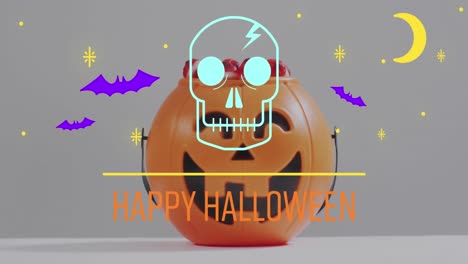 Animation-of-happy-halloween-text-with-ghosts-over-orange-pumpkin-bucket-with-sweets