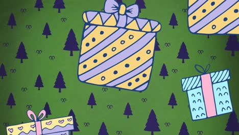 Animation-Von-Geschenken,-Die-Zu-Weihnachten-über-Tannenbäume-Fallen