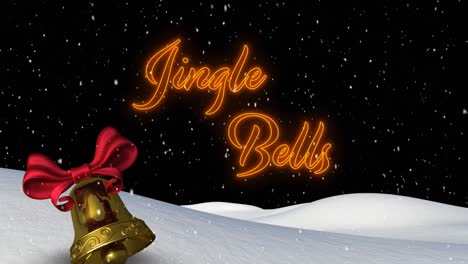 Animation-of-jingle-bells-text-over-bell,-snow-falling-and-winter-landscape-at-christmas