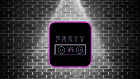 Animation-of-party-neon-text-and-tape-recorder-in-frame-over-grey-brick-wall