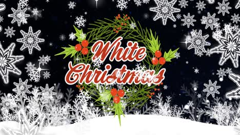 Animation-of-white-christmas-text-over-wreath,-snow-falling-and-winter-landscape