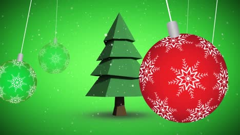 Animation-of-christmas-baubles-over-snow-falling-and-fir-tree-on-green-background
