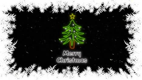 Animation-of-neon-merry-christmas-text-over-snow-falling-and-fir-trees