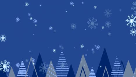 Animation-of-snow-falling-over-fir-trees-on-blue-background-at-christmas