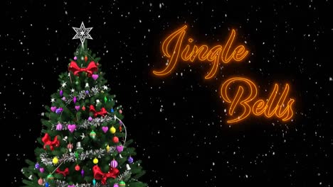 Animation-of-jingle-bells-text-over-snow-falling-and-christmas-tree