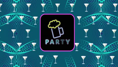 Animation-of-party-and-beer-glass-in-frame-over-cocktail-glasses-in-repetition-over-blue-pattern