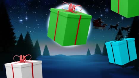Animation-Von-Geschenken,-Die-über-Den-Weihnachtsmann-Im-Schlitten-Fallen,-Mit-Rentieren-Und-Winterlandschaft-Zu-Weihnachten