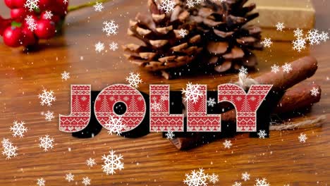 Animation-of-jolly-text-over-snow-falling-and-christmas-decorations-on-table