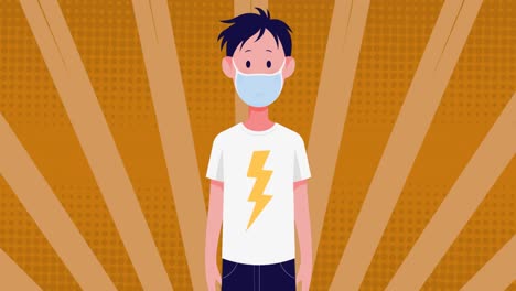 Animation-of-falling-covid-19-cells-over-man-wearing-face-mask