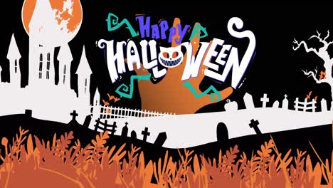 Digital-animation-of-happy-halloween-text-banner-against-graveyard-and-castle-on-black-background