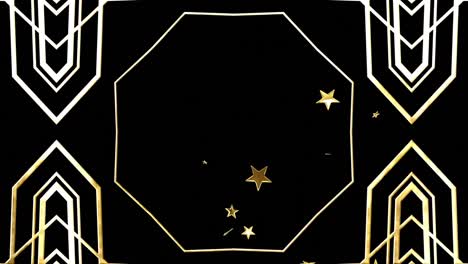 Animation-of-stars-falling-over-gold-shapes-on-black-background-at-christmas