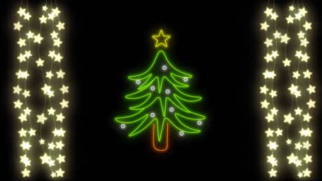Animation-of-neon-christmas-tree-over-fairy-lights-on-black-background