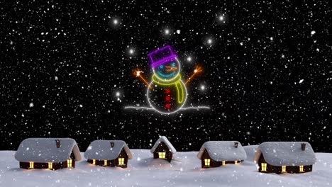 Animation-Eines-Neon-Schneemanns-über-Fallendem-Schnee-Und-Einer-Winterlandschaft-Zu-Weihnachten