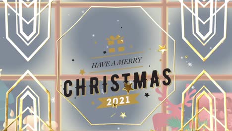 Animation-of-have-a-merry-christmas-text-over-gold-shapes,-snow-falling-and-window