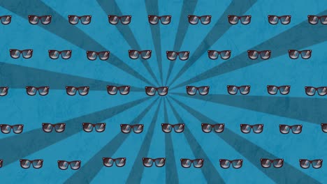 Animation-of-sunglasses-in-repetition-over-stripes-on-blue-background