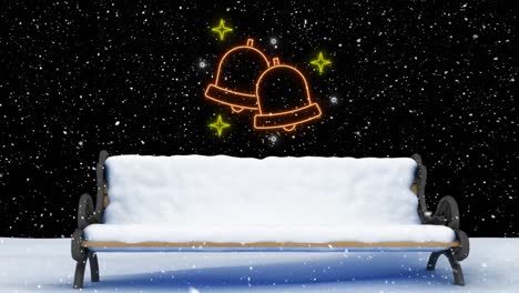 Animation-of-neon-bells-over-snow-falling-and-bench-at-christmas