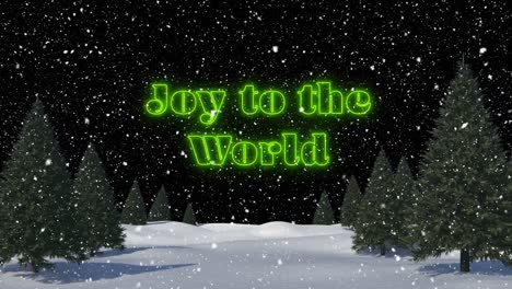 Animation-of-joy-the-world-text-over-snow-falling-and-winter-landscape-at-christmas