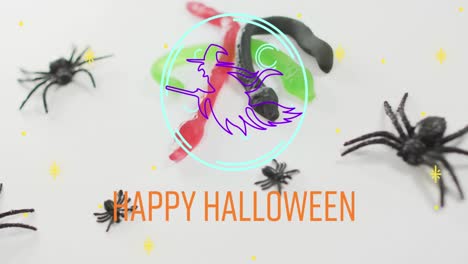 Animation-of-happy-halloween-text-over-neon-witch-and-spiders