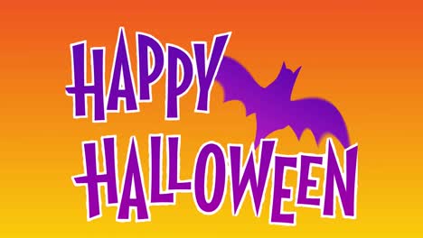 Animation-Eines-Fröhlichen-Halloween-Textes-über-Fledermaus-Auf-Orangefarbenem-Hintergrund