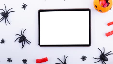 Animation-of-spiders-and-tablet-on-white-background