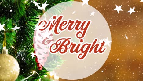 Animation-of-merry-and-bright-text-over-stars-and-snow-falling-with-christmas-decorations
