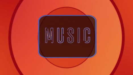 Animation-of-moving-music-text-in-neon-letters-over-neon-frame-and-orange-circles