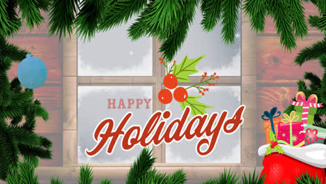 Animation-of-happy-holidays-text-over-fir-trees-and-window-at-christmas