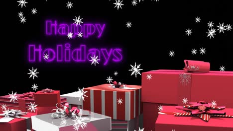 Animation-of-happy-holidays-text-over-snow-falling-and-presents-on-black-background-at-christmas