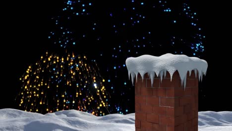 Animation-of-fireworks-exploding-over-snow-covered-roof-and-chimney
