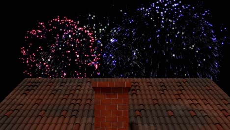 Animation-Von-Feuerwerkskörpern,-Die-über-Hausdach-Und-Schornstein-Explodieren
