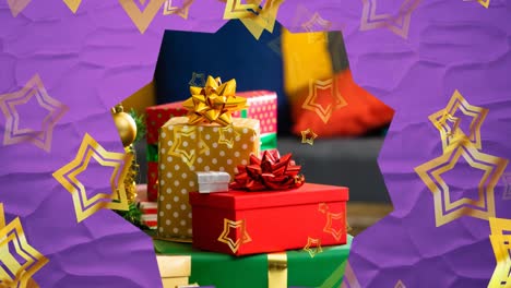 Animation-of-stars-falling-over-presents-at-christmas
