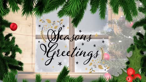 Animation-of-seasons-greetings-text-over-fir-tree-and-window