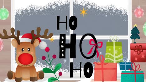 Animation-of-ho-ho-ho-text-with-reindeer-and-presents-over-window-at-christmas