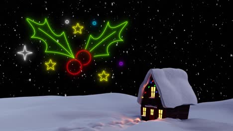 Animation-Von-Neon-Misteln-über-Fallendem-Schnee-Und-Winterlandschaft-Zu-Weihnachten
