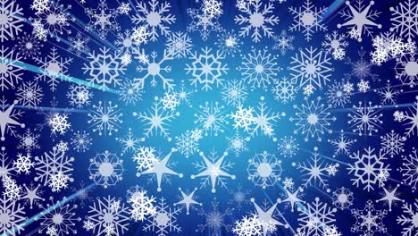 Animation-of-snow-falling-over-snowflakes-on-blue-background-at-christmas
