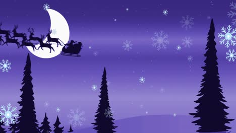 Animation-of-santa-in-sleigh-with-reindeer-over-snow-falling-and-winter-landscape-at-christmas