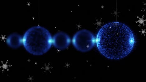 Animation-of-christmas-baubles-over-snow-falling-on-black-background