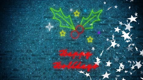Animation-of-neon-happy-holiday-text-over-falling-stars
