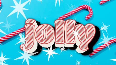 Animation-of-jolly-text-over-star-sand-candy-canes-on-blue-background-at-christmas