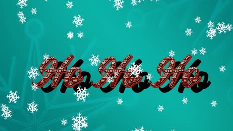 Animation-of-ho-ho-ho-text-over-snow-falling-on-green-background-at-christmas