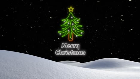 Animation-Von-Schnee,-Der-über-Den-Text-„Frohe-Weihnachten“-Mit-Winterlandschaft-Fällt