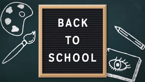 Animation-of-school-icons-over-back-to-school-text-on-letterboard