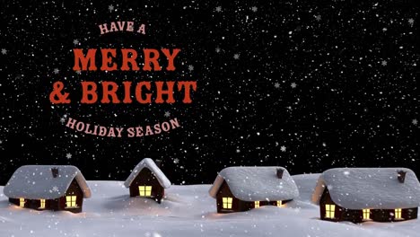 Animation-of-merry-and-bright-text-over-snow-falling-and-winter-landscape-at-christmas