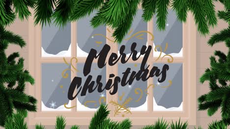 Animation-of-merry-christmas-text-over-fir-tree-and-window