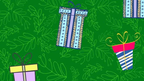 Animation-Von-Geschenken,-Die-Zu-Weihnachten-Auf-Grünen-Hintergrund-Fallen