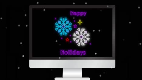 Animation-of-happy-holidays-text-on-computer-over-snow-falling-on-black-background-at-christmas